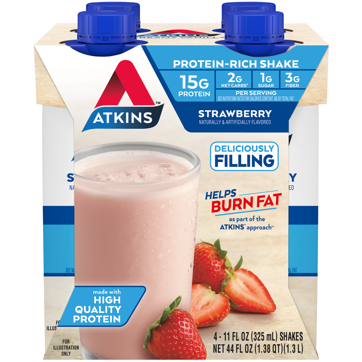 Atkins Strawberry Shake 4 Pack includes 4 eleven ounce shake bottles