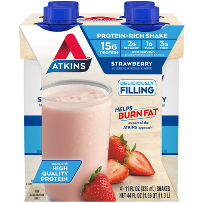 Atkins Strawberry Shake 4 Pack includes 4 eleven ounce shake bottles