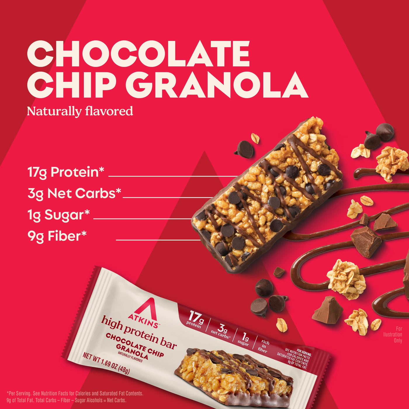 Atkins chocolate chip granola bar on a red background with nutritional information.