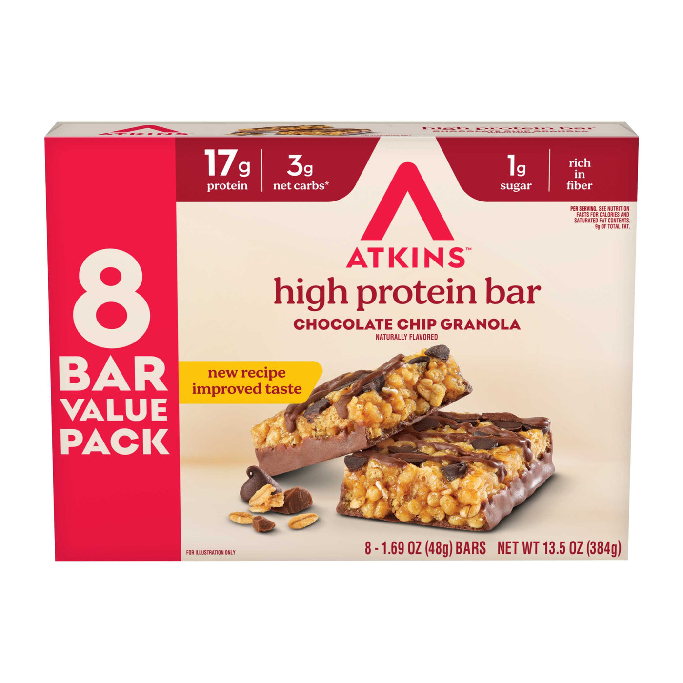 Box of Atkins high protein bars with chocolate chip granola flavor on a white background