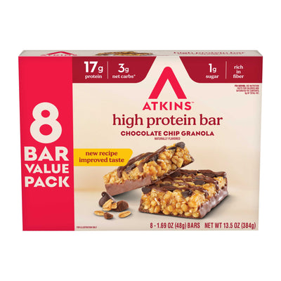 Box of Atkins high protein bars with chocolate chip granola flavor on a white background