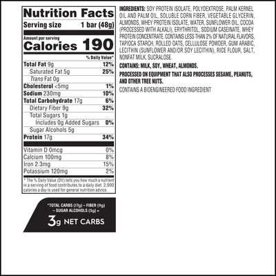 Nutrition facts label for a protein bar on a white background