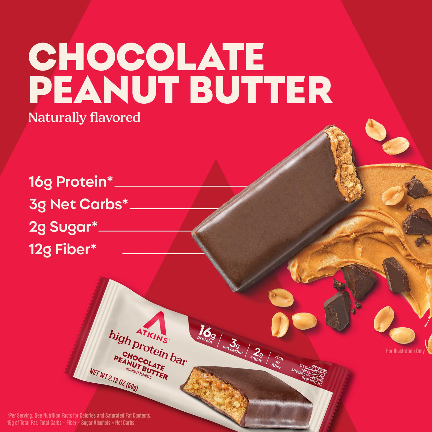 Atkins chocolate peanut butter protein bar with packaging on a red background