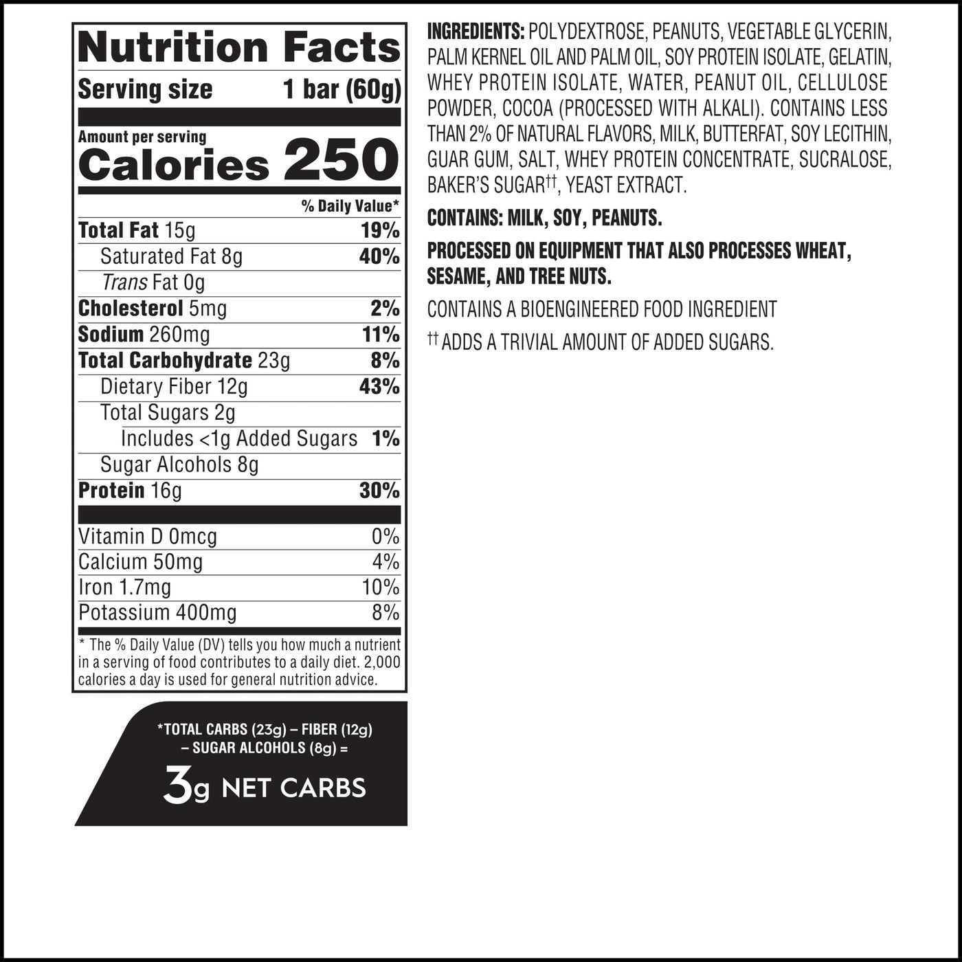 Nutrition facts label for a product with detailed nutritional information.