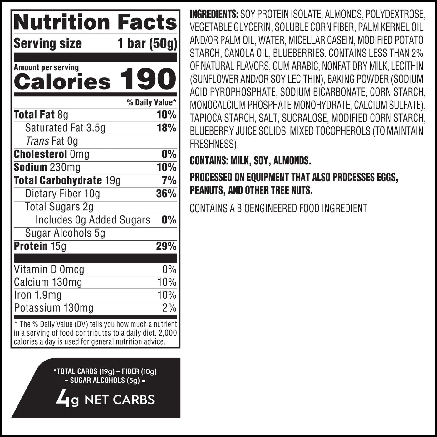 Nutrition facts label and ingredients list for a protein bar on a white background