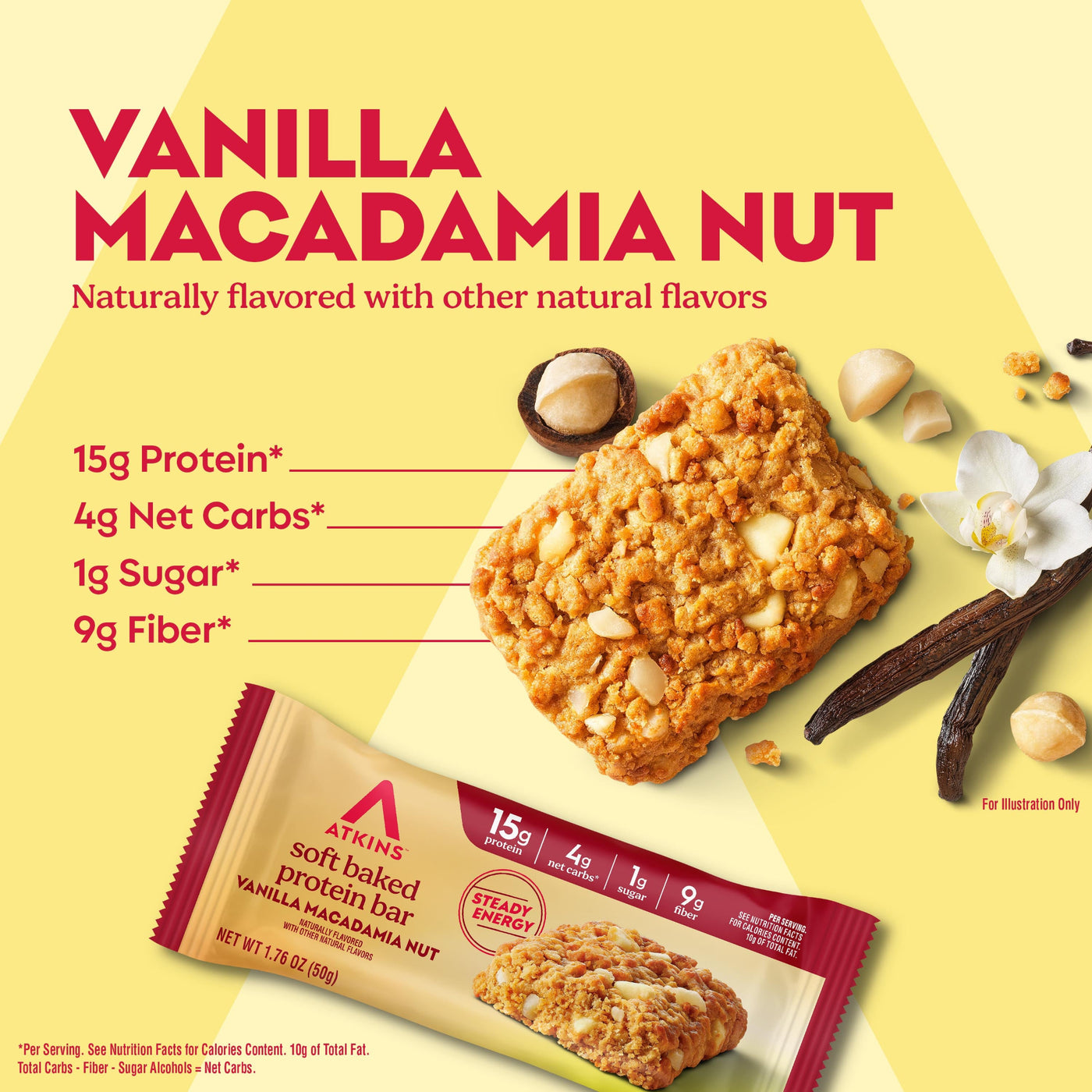 Vanilla Macadamia Nut protein bar with nutritional information on a yellow background