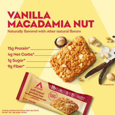 Vanilla Macadamia Nut protein bar with nutritional information on a yellow background