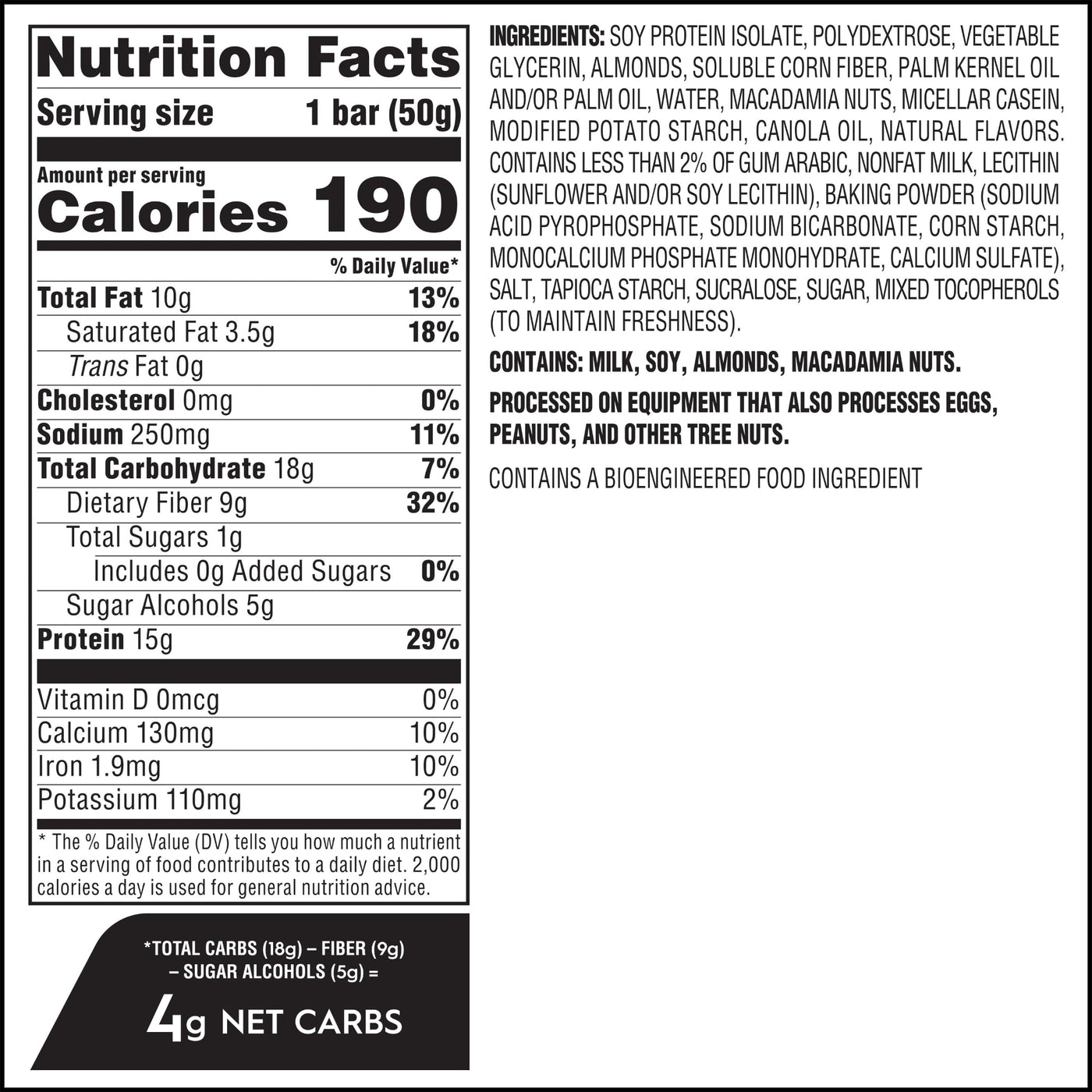 Nutrition facts label and ingredients list for a protein bar on a white background