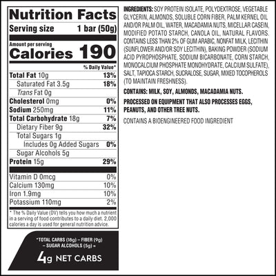 Nutrition facts label and ingredients list for a protein bar on a white background