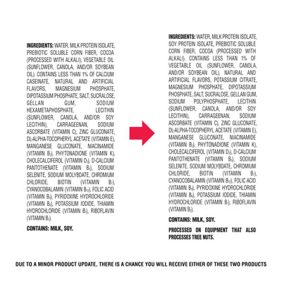 Ingredients list with a red arrow pointing to a note about product update.