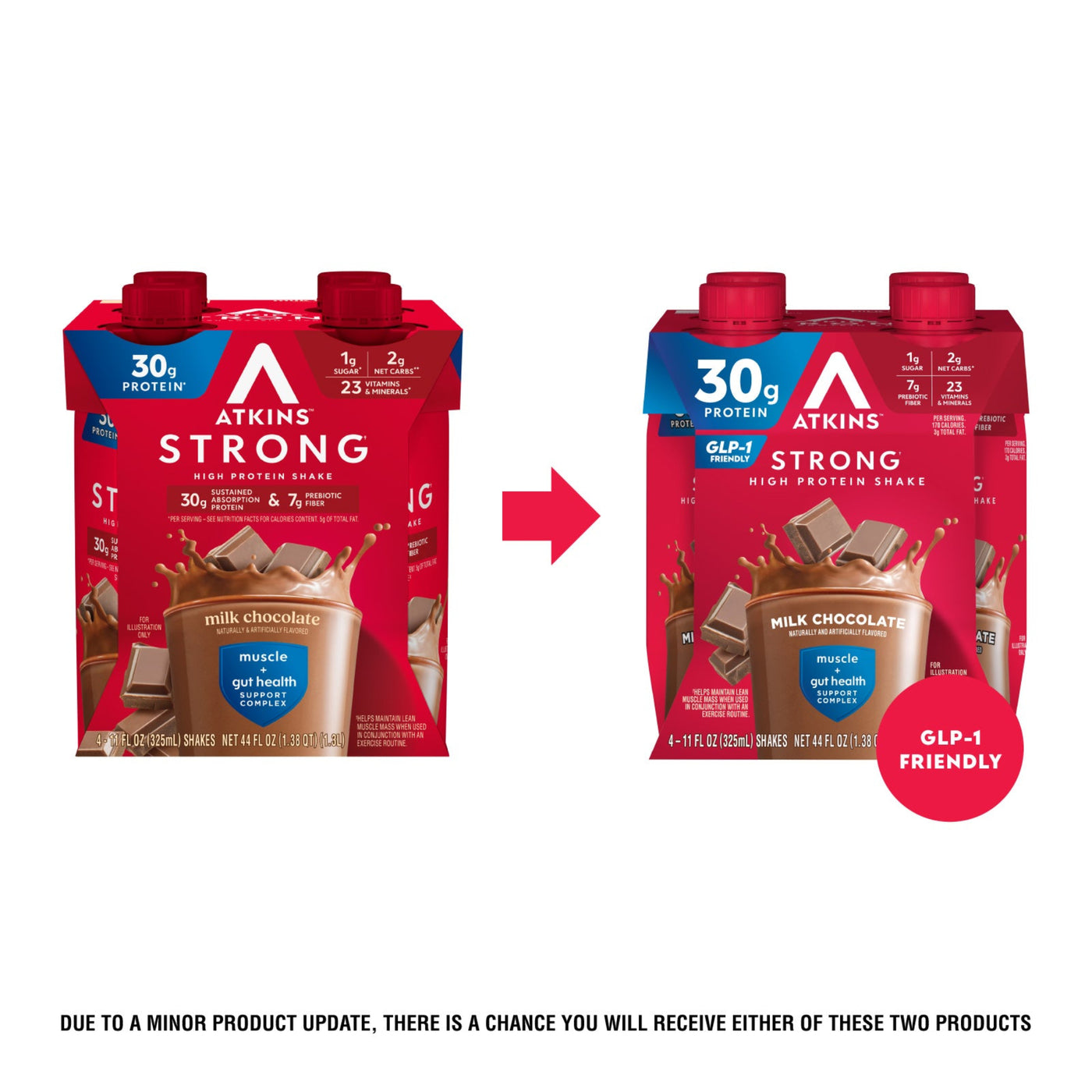 Two packages of Atkins Strong milk chocolate protein shake with a red arrow and text about product update.