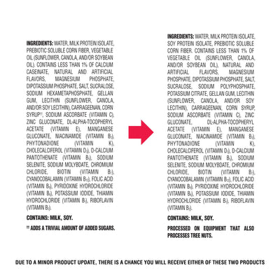 Ingredients list with a red arrow pointing to a note about product update on a white background