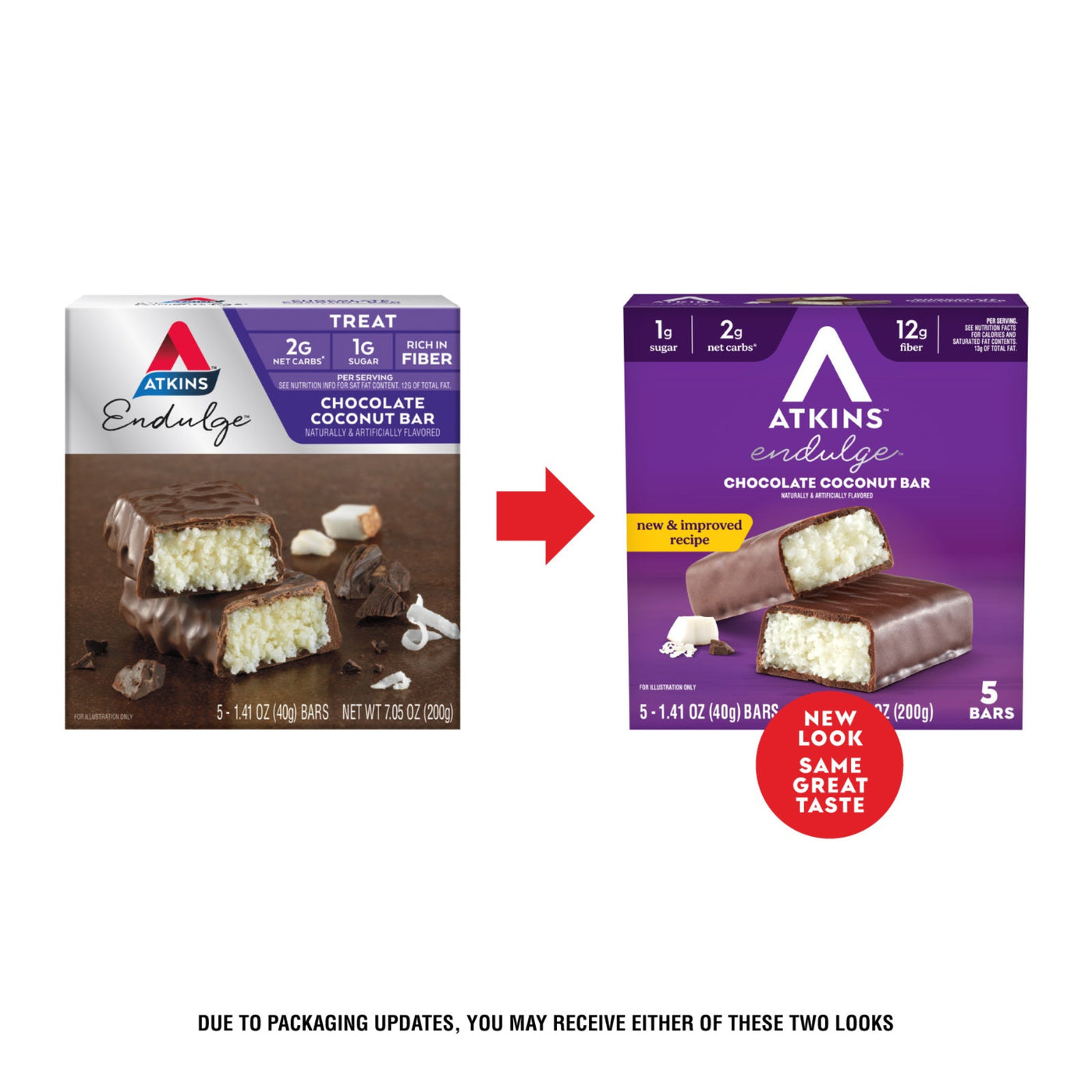 Two versions of Atkins Endulge Chocolate Coconut Bar packaging with a purple box and a red arrow pointing to the new packaging.