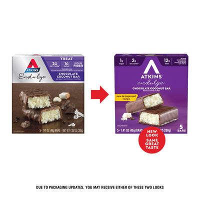 Two versions of Atkins Endulge Chocolate Coconut Bar packaging with a purple box and a red arrow pointing to the new packaging.