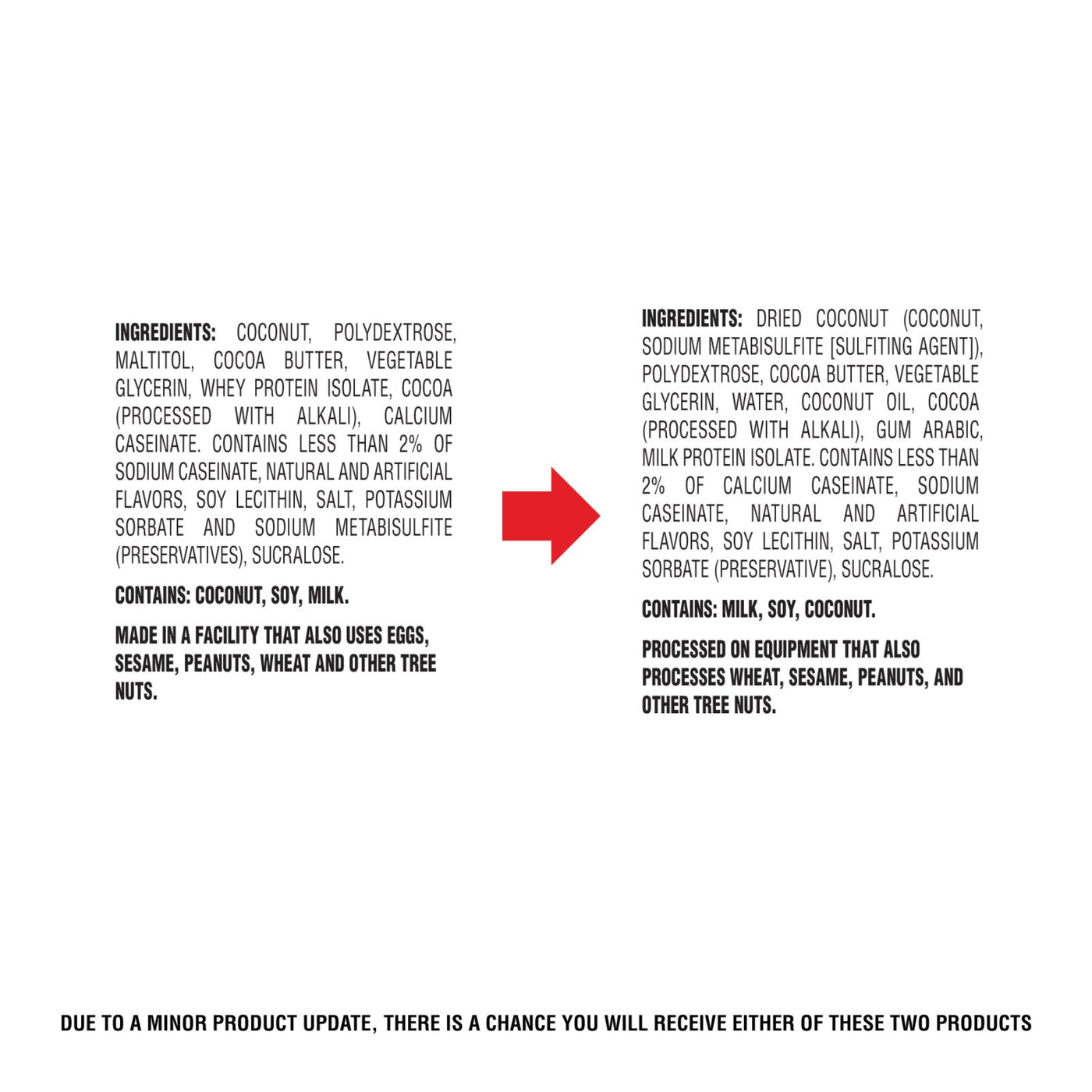 Ingredients list with a red arrow pointing to a warning about product update.