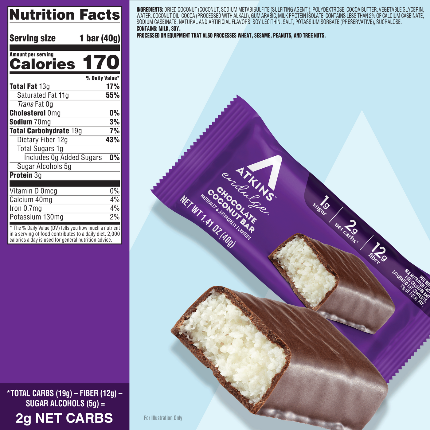  Atkins chocolate coconut bar packaging with nutrition facts on a light blue background