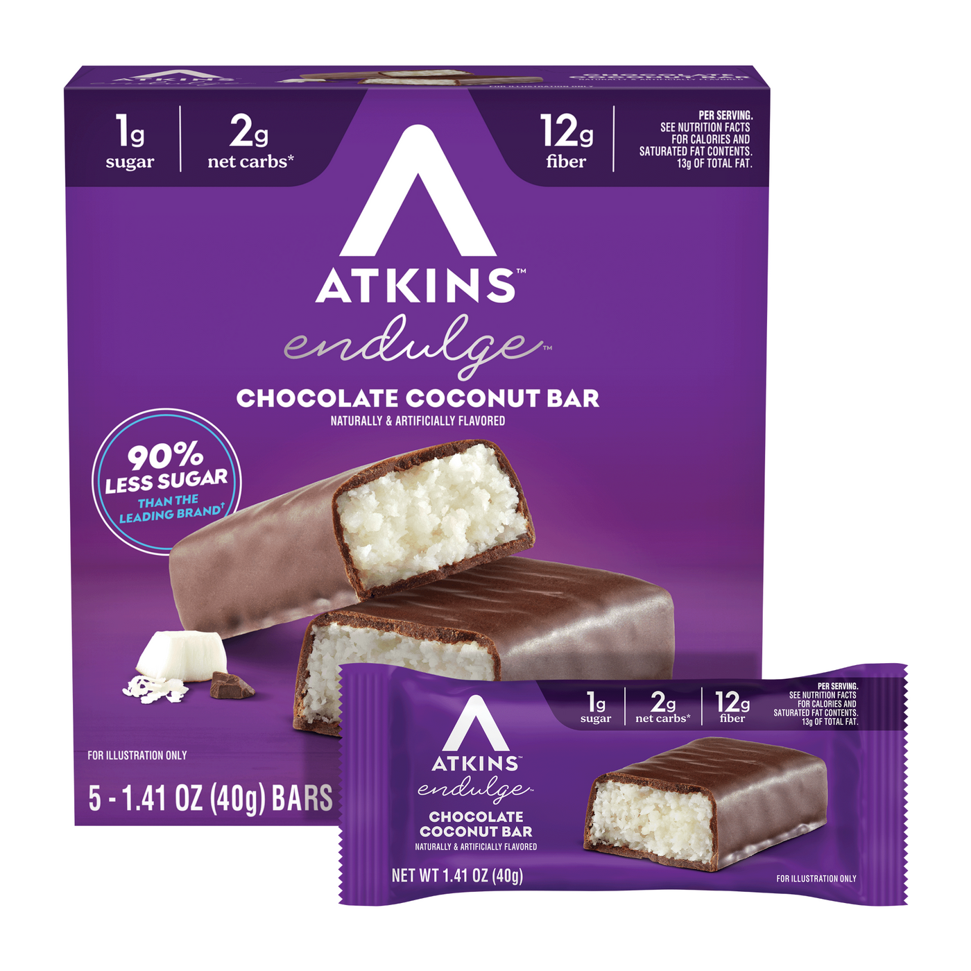 Atkins Endulge Chocolate Coconut Bar packaging on a white background