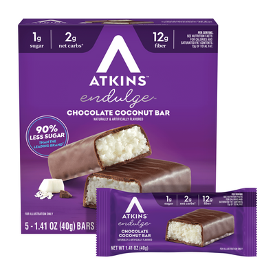 Atkins Endulge Chocolate Coconut Bar packaging on a white background