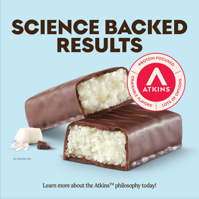  Atkins protein bar with a blue background and Atkins logo