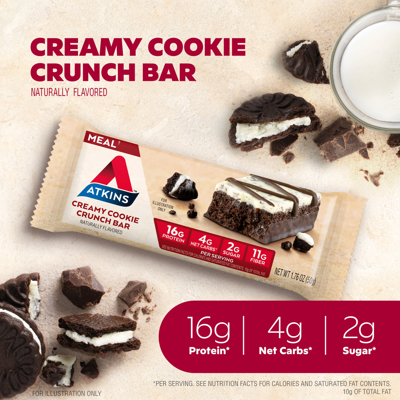 Creamy Cookie Crunch Bar-16g protein, 4g net carbs, 2g sugar