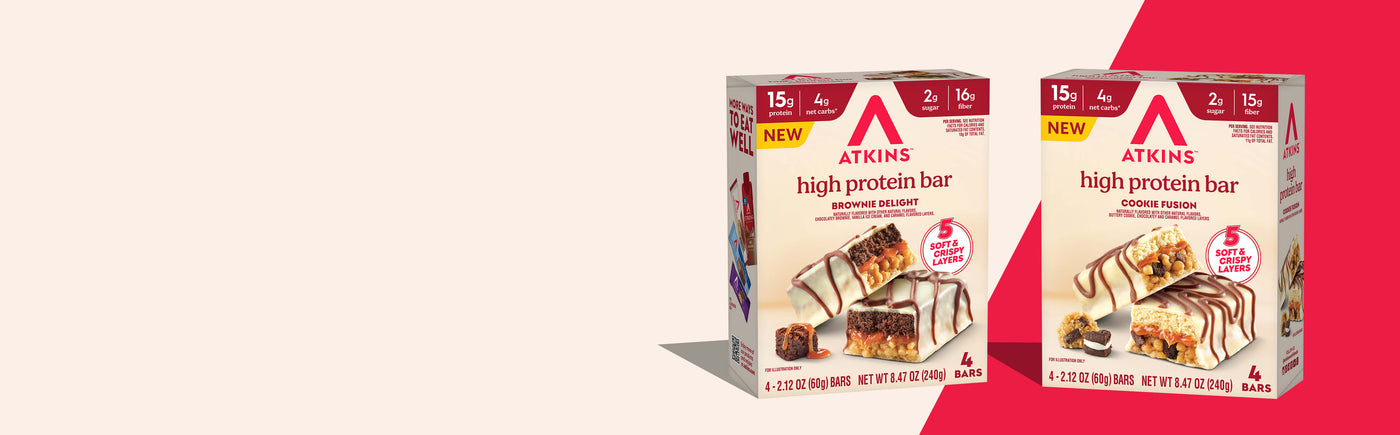 Two Atkins High Protein Layered Bars in red and beige background