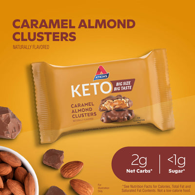 Caramel Almond Clusters naturally flavor. 2G Net Carbs*, <1G Sugar*. See nutrition facts for calories, total fat and saturated fat contents. Not a low calorie food. For illustration only.