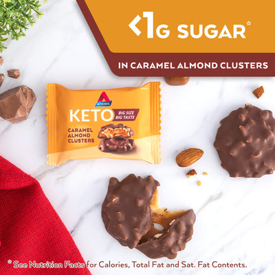 Caramel Almond Clusters. <1g sugar* in caramel almond clusters. *see Nutrition Facts for calories, Total fat and Sat. Fat contents.