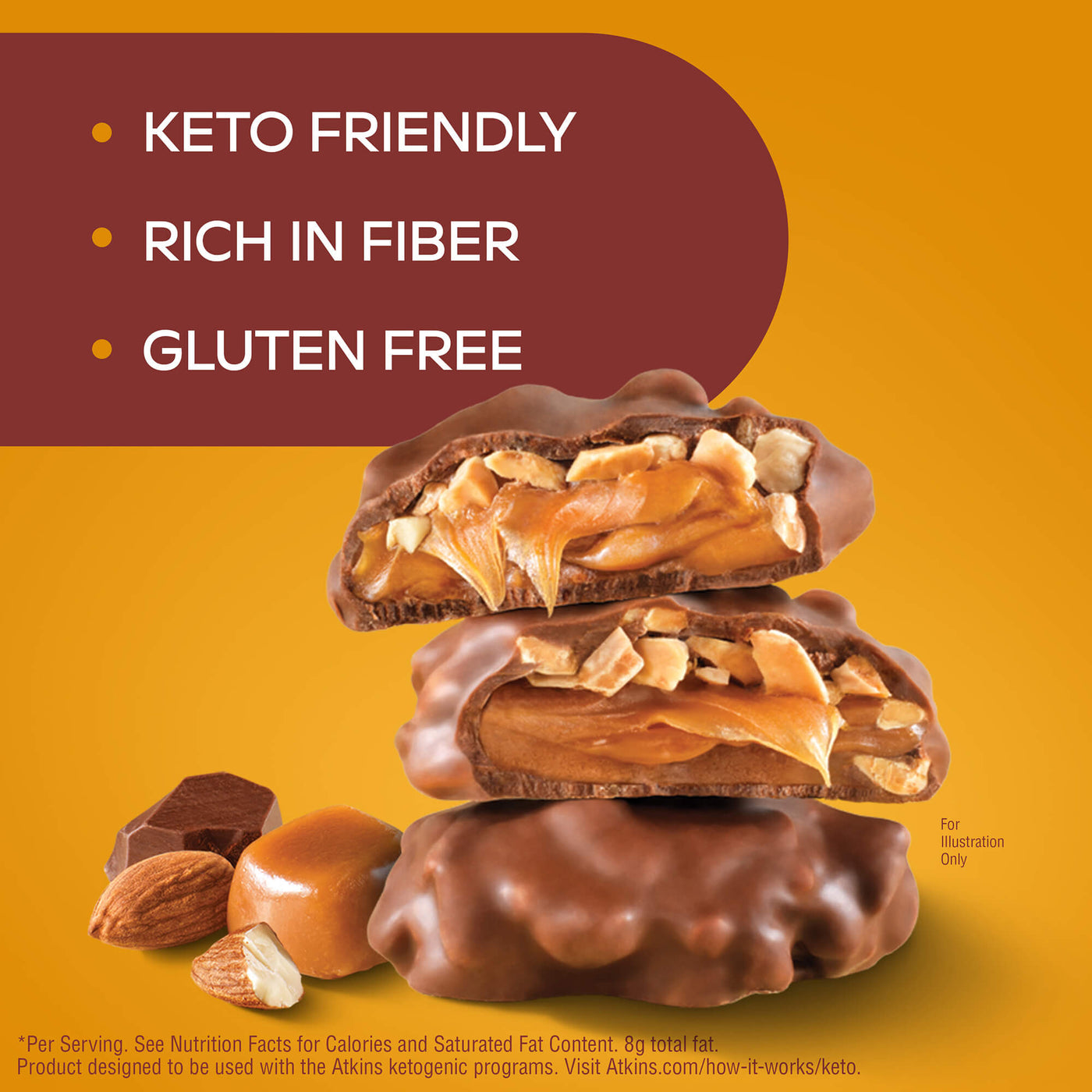 Caramel Almond Clusters. Keto friendly. Rich in fiber. Gluten Free. Per serving. See Nutrition Facts for calories and saturated fat content, 8g total fat. Product designer to be used with the Atkins ketogenic programs. Visit Atkins.com/how-it-works/keto.
