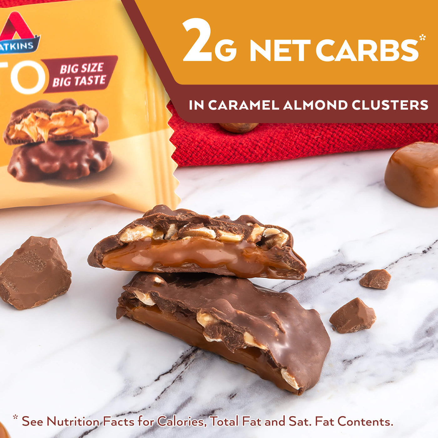 Caramel Almond Clusters. 2g net carbs* in caramel almond clusters. *see Nutrition Facts for calories, Total fat and Sat. Fat contents.