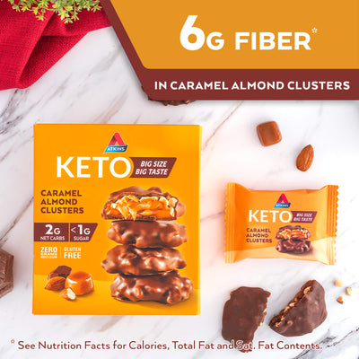 Caramel Almond Clusters. 6g fiber* in caramel almond clusters. *see Nutrition Facts for calories, Total fat and Sat. Fat contents.