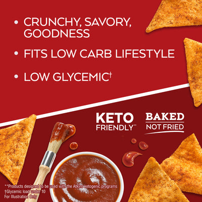 Chipotle BBQ Snack Protein Chips; crunchy, savory, goodness. Fit low carb lifestyle. Low glycemic. Keto friendly. Baked not fried. **Products designed to be used with the Atkins ketogenic programs. Glycemic load under 10. For illustration only