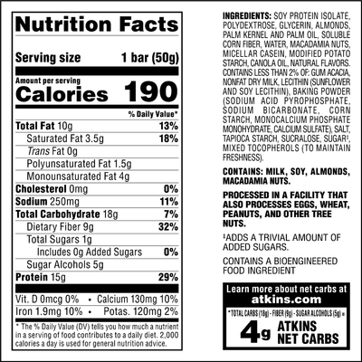 Vanilla Macadamia Nut Soft Baked Bar nutrition facts and ingredients