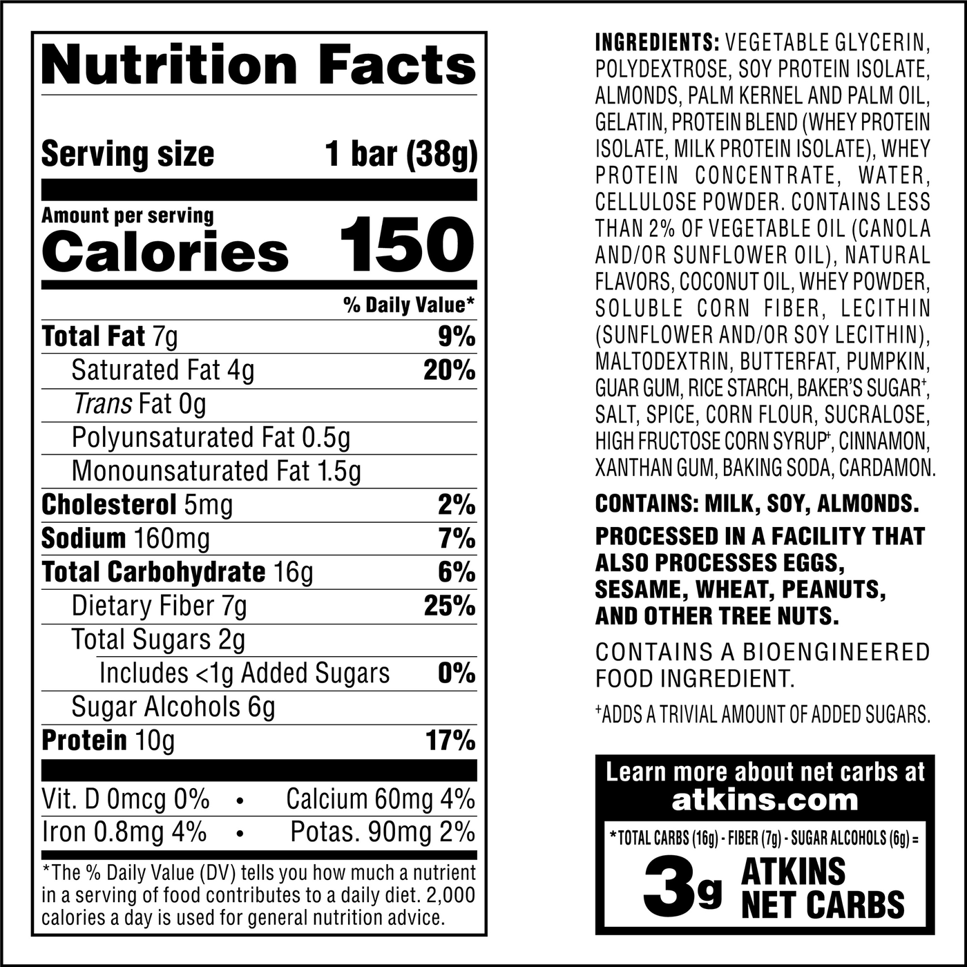 Pumpkin Pie Bar Nutrition panel and Ingredients