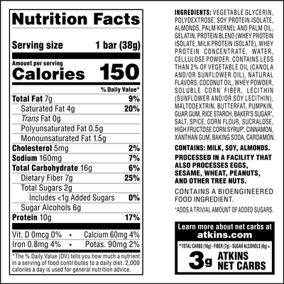 Pumpkin Pie Bar Nutrition panel and Ingredients