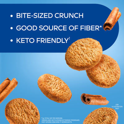 Snickerdoodle Bite-Sized Crunchy Protein Cookies; Bite-sized crunch, Good source of fiber*, Keto friendly *11g of Total Fat per serving. When used with atkins ketogenic programs. Visit Atkins.com/how-it-works/keto. For Illustration Only.