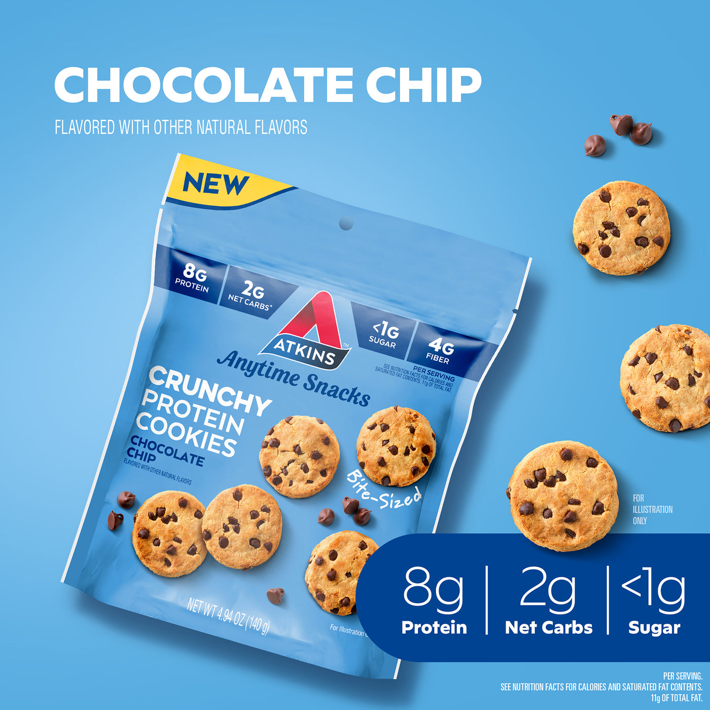 Chocolate Chip Bite-Sized Crunchy Protein Cookies; Naturally flavored with other natural flavors,  8g Protein, 2g Net Carbs, <1g Sugar. Per Serving. See Nutrition Facts for Calories and Saturated at Contents, 11g of Total Fat. For Illustration Only. Showing cookies details with chocolate chips.