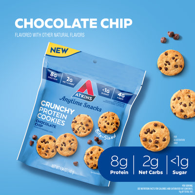Chocolate Chip Bite-Sized Crunchy Protein Cookies; Naturally flavored with other natural flavors,  8g Protein, 2g Net Carbs, <1g Sugar. Per Serving. See Nutrition Facts for Calories and Saturated at Contents, 11g of Total Fat. For Illustration Only. Showing cookies details with chocolate chips.