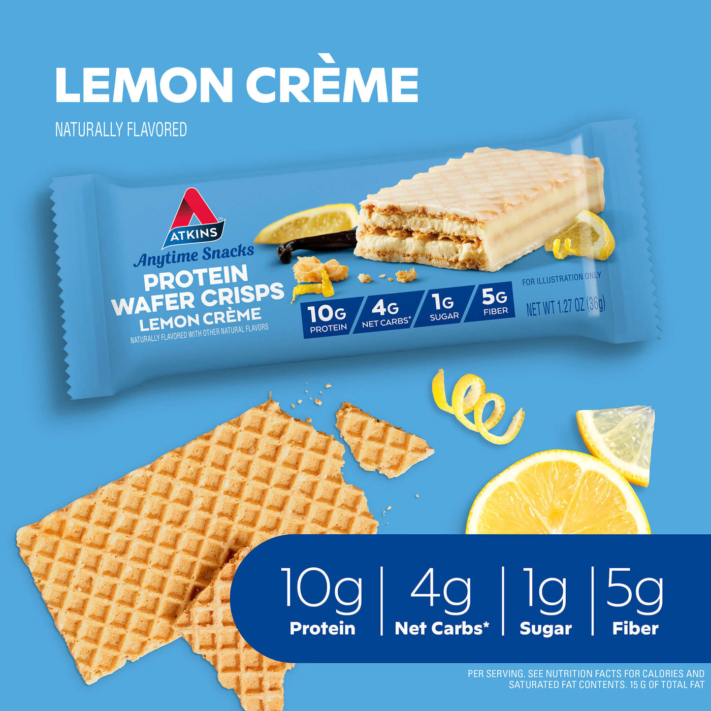 Lemon Crème Protein Wafer Crisps Naturally flavored; 10g Protein; 4g net carbs*; 1g sugar; 5g fiber; Per serving. See Nutrition Facts for calories and saturated fat contents. 15G of total Fat.