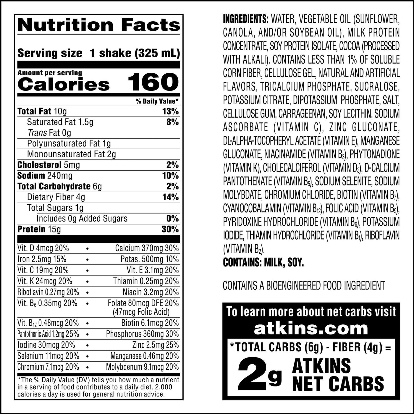 Creamy Chocolate Coconut Protein Shake Nutrition Facts Panel