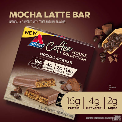 Mocha Latte Coffee House Meal BarNaturally flavored with other natural flavors; 16G Protein; 4G Net Carbs*; 2G sugar; *per serving. See nutrition Facts for calories and saturated fat contents. 13G of total fat.