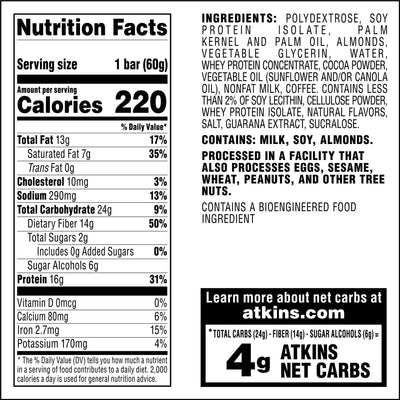 Mocha Latte Coffee House Meal Bar Nutrition Facts Panel