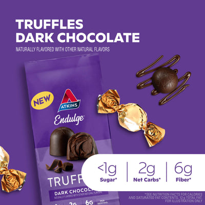 Endulge Dark Chocolate Truffles 12-ct. pouchNaturally flavored with other natural flavors; <1G sugar*; 2G Net Carbs*; 6G fiber*; *See nutrition Facts for calories and saturated fat contents. 12G of total fat.