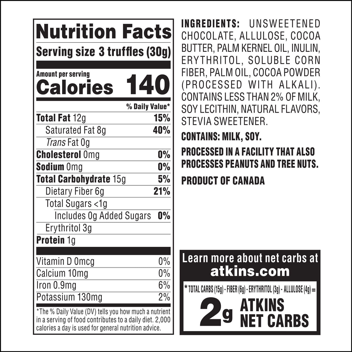 Endulge Dark Chocolate Truffles 12-ct. pouch Nutrition Facts Panel