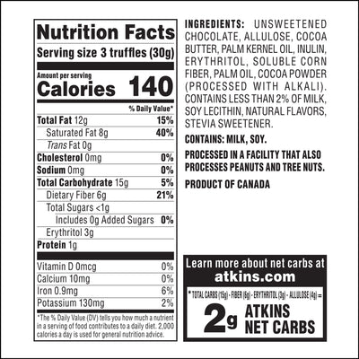 Endulge Dark Chocolate Truffles 12-ct. pouch Nutrition Facts Panel