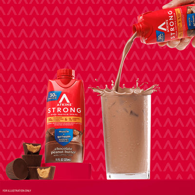 Atkins Strong Chocolate Peanut Butter 30g Protein Shake pouring into a glass with peanut butter cups next to the shake