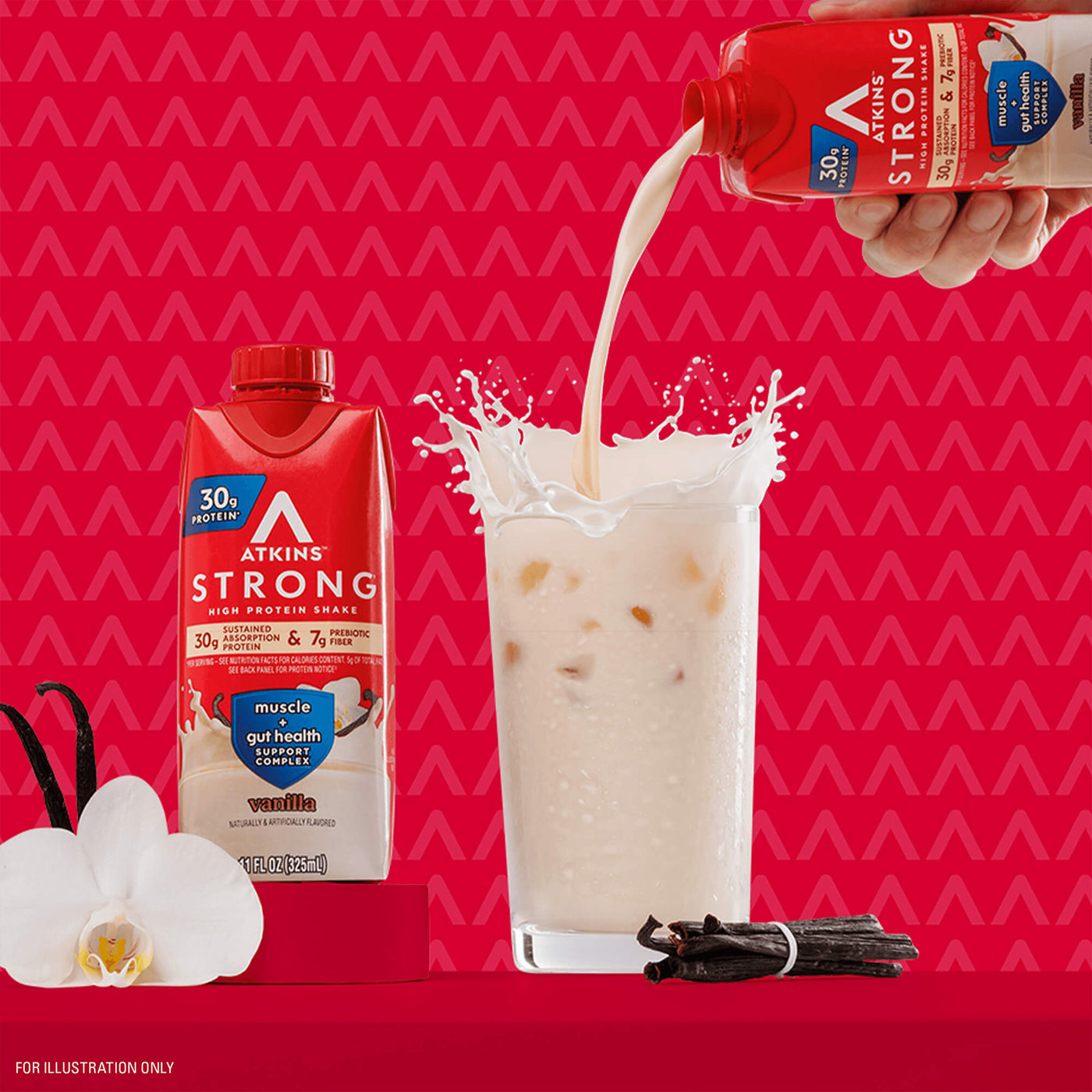 Atkins Strong Vanilla 30g Protein Shake puring into a glass with vanilla bean next to shake