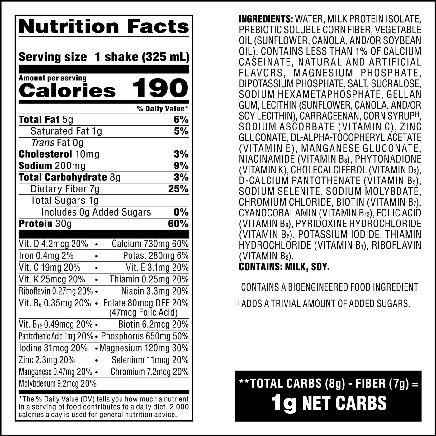 Atkins Strong Vanilla 30g Protein Shake Nutrition Facts Panel