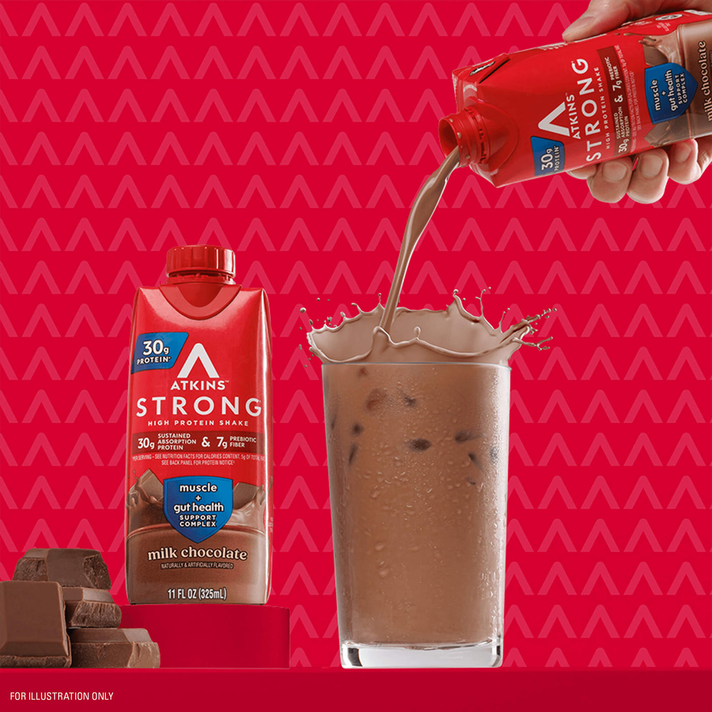 Atkins Strong Milk Chocolate 30g Protein Shake pouring into glass with chocolate chunk next a shake