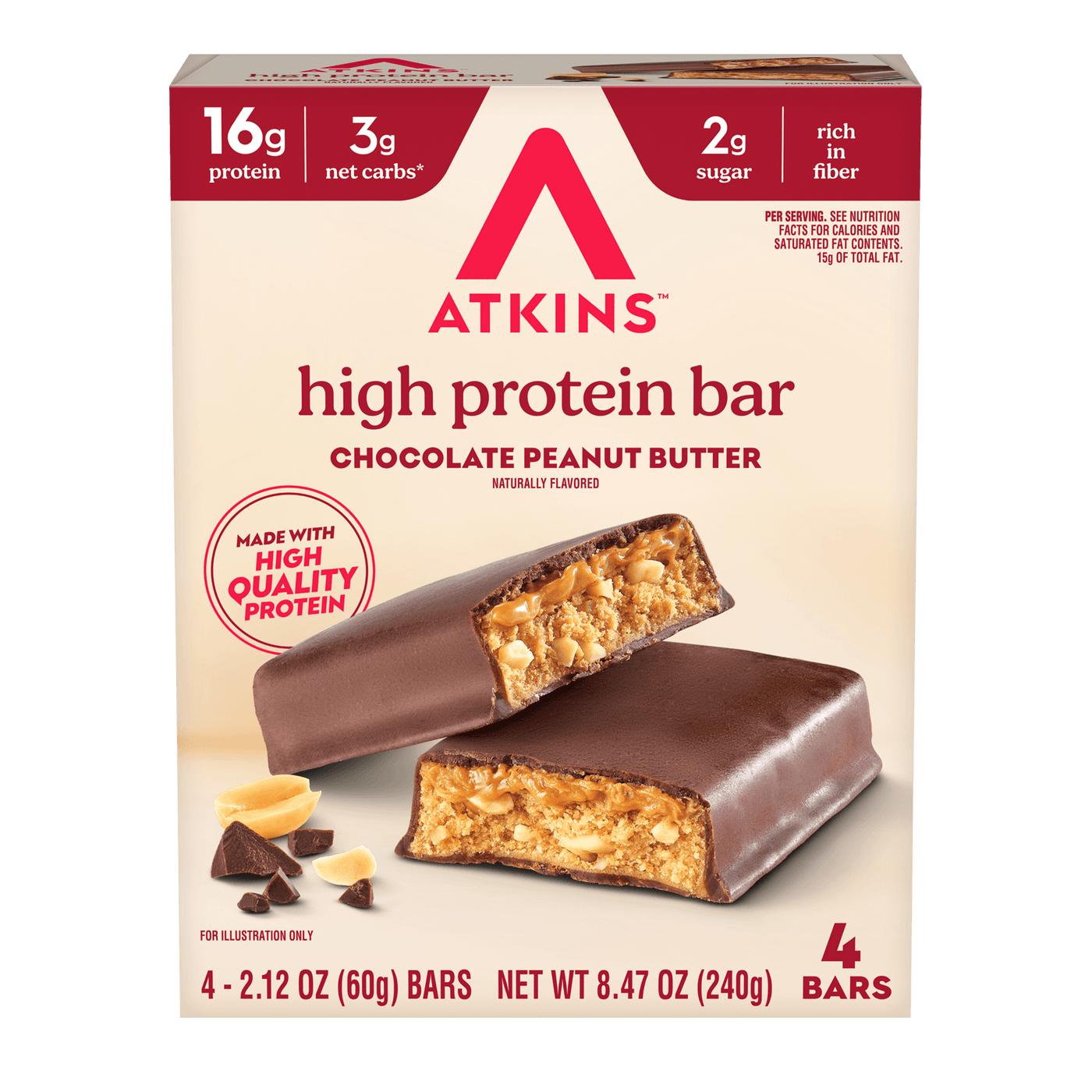 Box of Atkins high protein bars with chocolate peanut butter flavor 