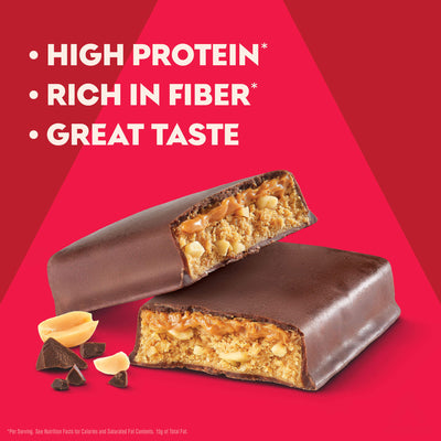 Chocolate protein bar with visible ingredients on a red background, featuring text about its benefits.